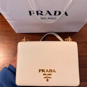 Prada Cream Leather Shoulder Bag with Gold Accents